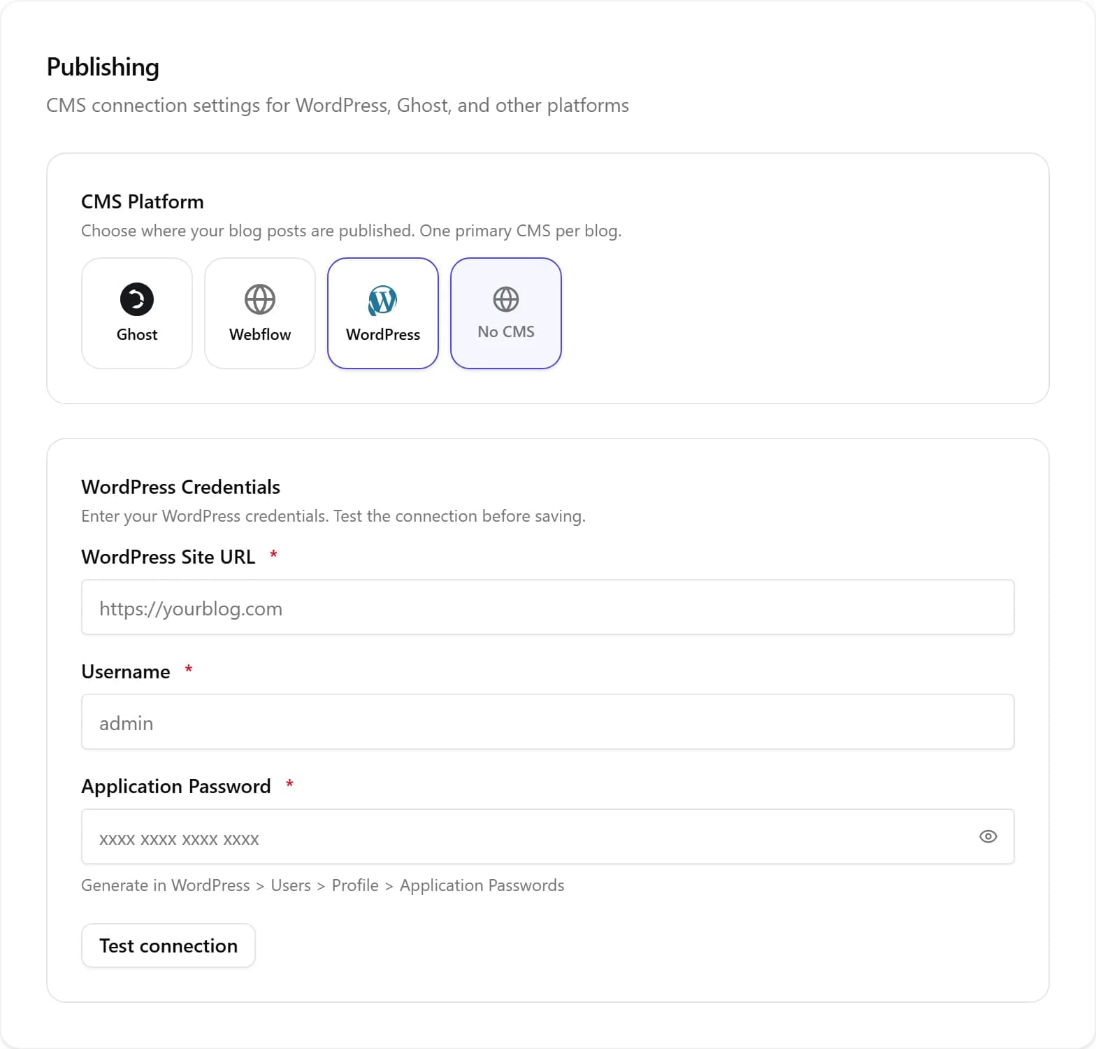 The WordPress connector, showing the link to the target site and the choice of category and publication status.