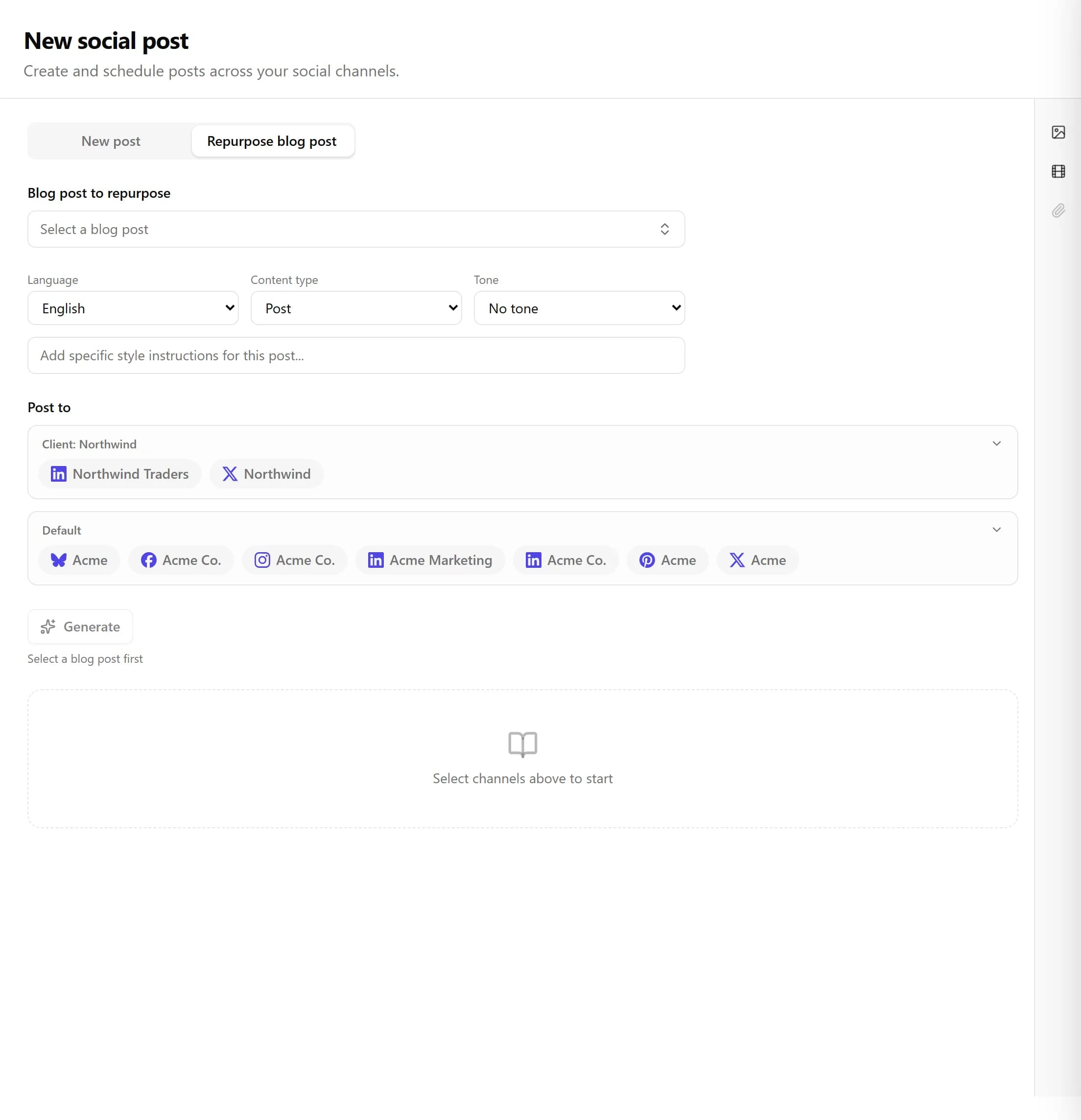 The repurposing screen, turning one blog post into several channel-specific social posts and scheduling them.