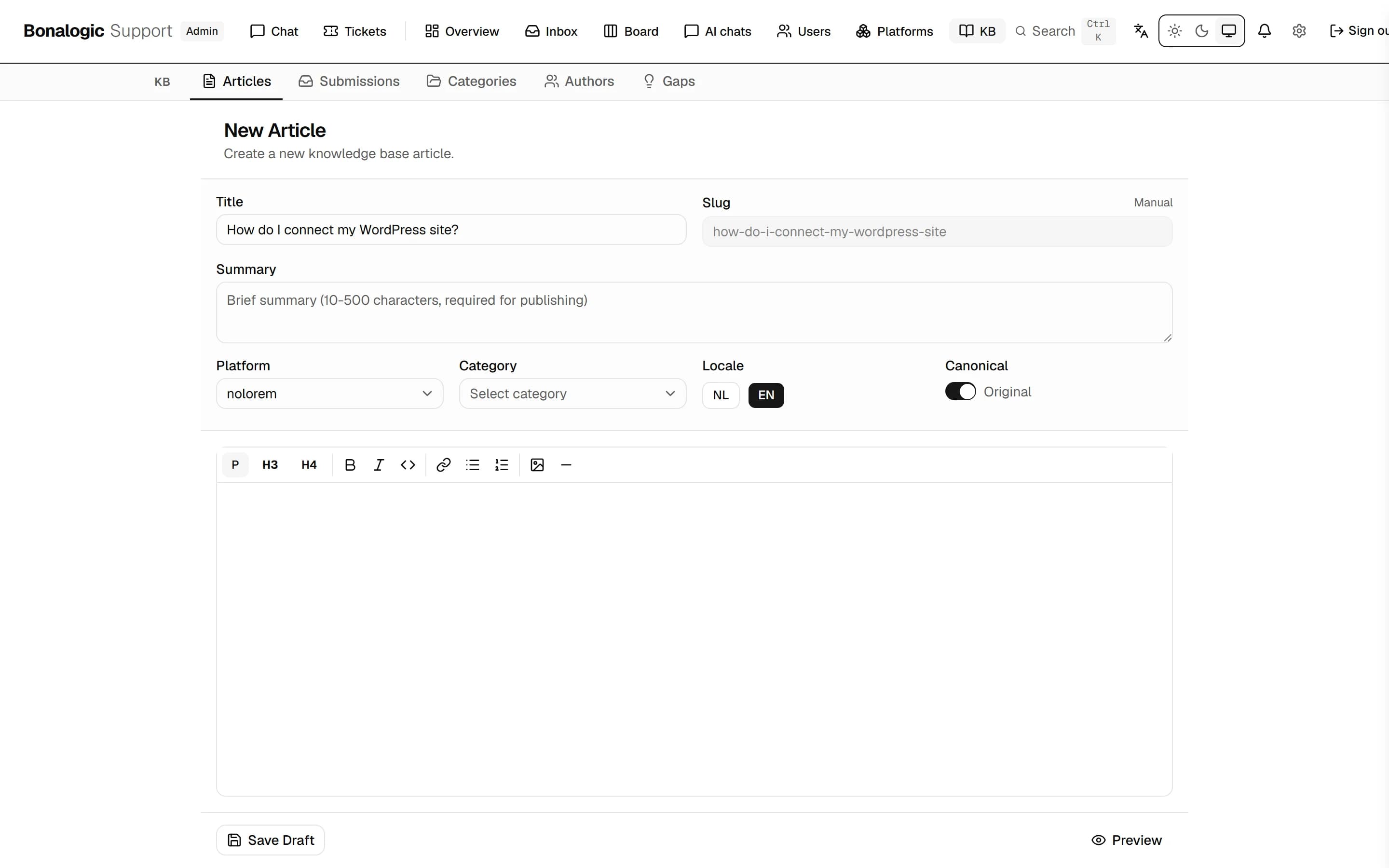 A new knowledge base article opened from a gap, with the question as its title and fields for summary, platform, category and language.