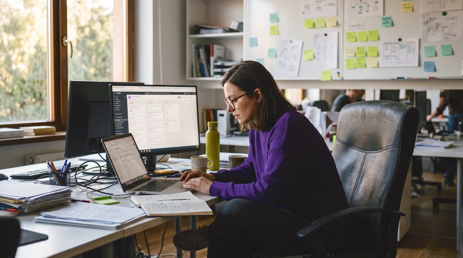 Marketing manager using AI marketing tools on multiple monitors at desk in modern office